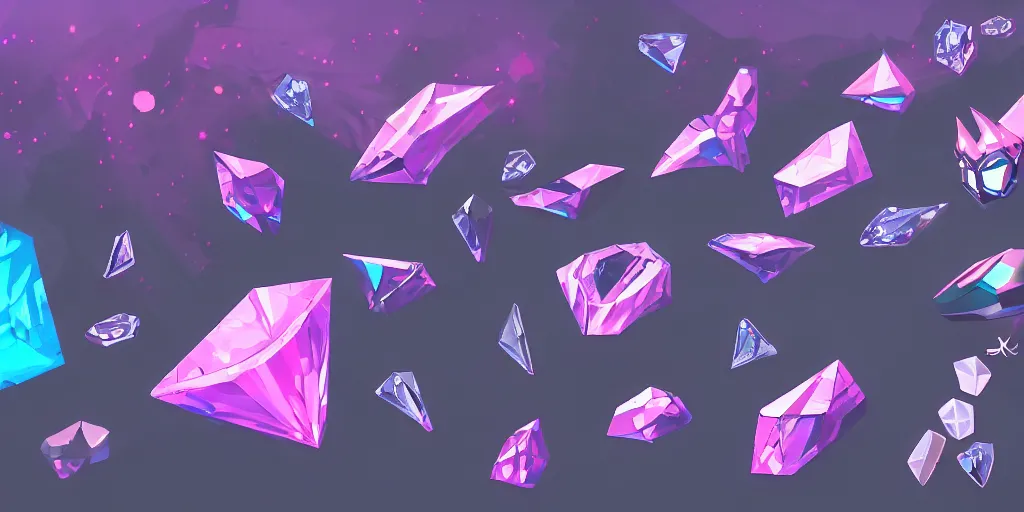 Prompt: game asset of unique diamonds on black background, organic, in gouache detailed paintings, props, stylized, 2 d sprites, kitbash, arcane, overwatch, blue and pink color scheme, 8 k, close up
