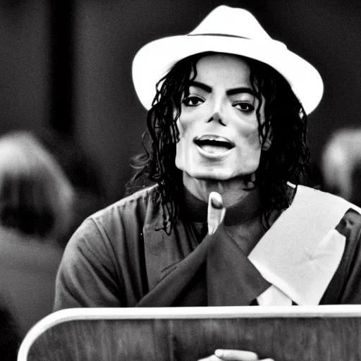 Image similar to cinematic still of Michael Jackson preaching at a Baptist Church in Rural Tennessee, close up, shallow depth of field, cinematic