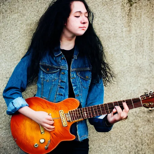 Prompt: 19-year-old girl with long shaggy black hair, wearing denim jacket and bell-bell-bottom jeans, playing electric guitar, stoner metal concert, heavy blues rock, doom metal, 30mm photography