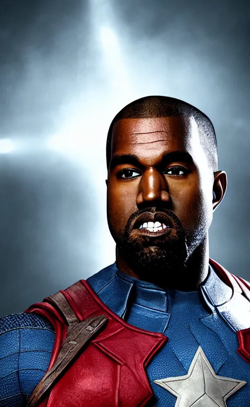 Image similar to Portrait of Kanye West as Captain America in Skyrim, splash art, movie still, cinematic lighting, dramatic, octane render, long lens, shallow depth of field, bokeh, anamorphic lens flare, 8k, hyper detailed, 35mm film grain