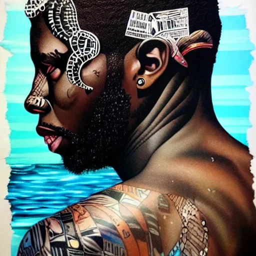Image similar to side profile of a black man :: in ocean intricate details :: dark and horror :: by vikings and Sandra Chevrier