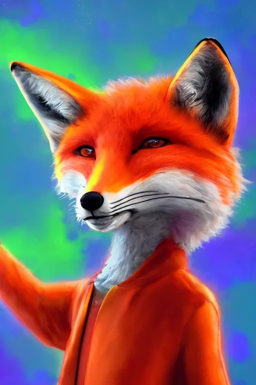 Image similar to a humanoid fox wearing scientist's clothes and doing experiments with colorful chemicals, digital painting, masterpiece, digital art, high quality, highly detailed, concept art, trending on deviantart, high coherence, anatomically correct, five fingers, cinematic, high definition, path traced