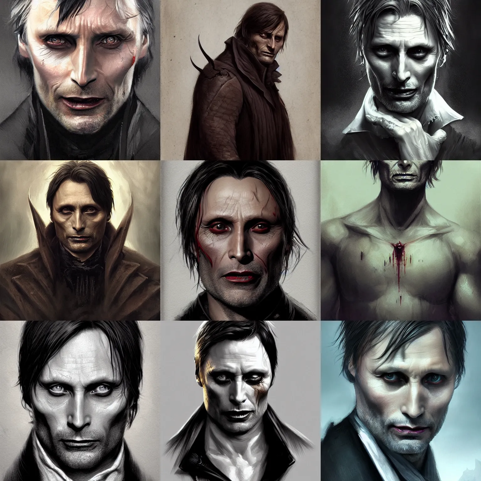 Prompt: vampire, mads mikkelsen, D&D, fantasy, portrait, highly detailed, digital painting, trending on artstation, concept art, sharp focus, illustration, art by artgerm and greg rutkowski and magali villeneuve