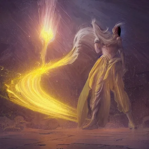 Image similar to Epic portrait an ancient yellow floating artifact exploding into pieces of yellow trails, Blurred temple backround, Glowing, dark, big, digital painting, artstation, concept art, soft light, hdri, smooth, sharp focus, illustration, fantasy, intricate, elegant, highly detailed, D&D, matte painting, in the style of Greg Rutkowski and Alphonse Mucha and artemisia, 8k, highly detailed, jurgens, rutkowski, bouguereau, pastoral, rustic, georgic