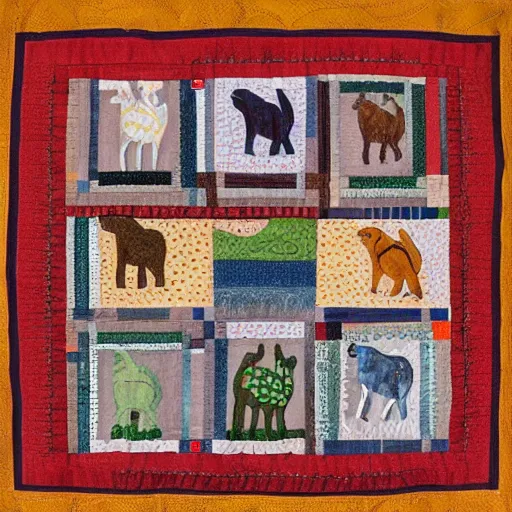 Image similar to folk art quilt with a capybara pattern, museum of modern art, new york