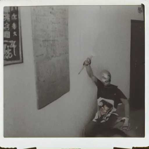 Image similar to a polaroid photo of a disheveled middle - aged chinese man wearing a singlet while smoking, sitting down next to a wall