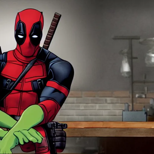 Prompt: movie still of deadpool as a pickle sitting on a workbench, high resolution, cartoon