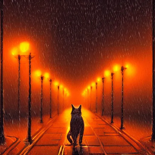 Prompt: an orange tabby cat walking on a sidewalk, it is night and raining, bushes in the background, street lamps are illuminating the street, moody lighting, peaceful atmosphere, digital art, highly detailed, high contrast, beautiful lighting, award winning, trending on art station, 8 k,