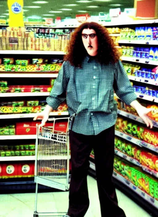 Image similar to weird al yankovic in a grocery store circa 1 9 9 7, ultra realistic