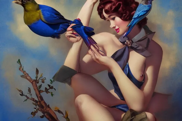 Image similar to pinup girl holding an indigo bunting, bird, the bird is wearing a bowtie, by greg rutkowski, rossdraws, gil elvgren, enoch bolles, anime, porcelain skin, very coherent