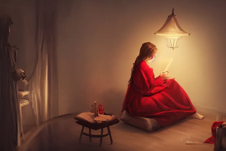 Prompt: A beautiful young woman sitting in her room reading a book. She is wearing a red robe and holding a quill pen. The room is dimly lit, with only a small lamp providing illumination. Fantasy, digital art, natural lighting, trending on artstation