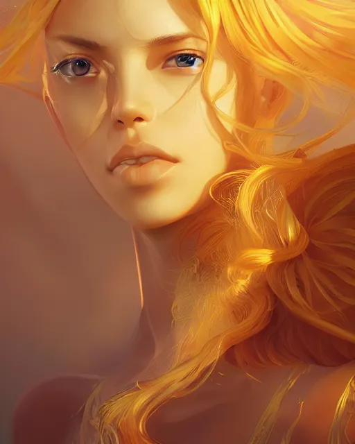 Image similar to a beautiful sun goddess, flowy yellow golden hair, sun, summer, cinematic lighting, highly detailed, digital painting, trending on artstation, pixiv, concept art, sharp focus, illustration, art by ross tran and wlop