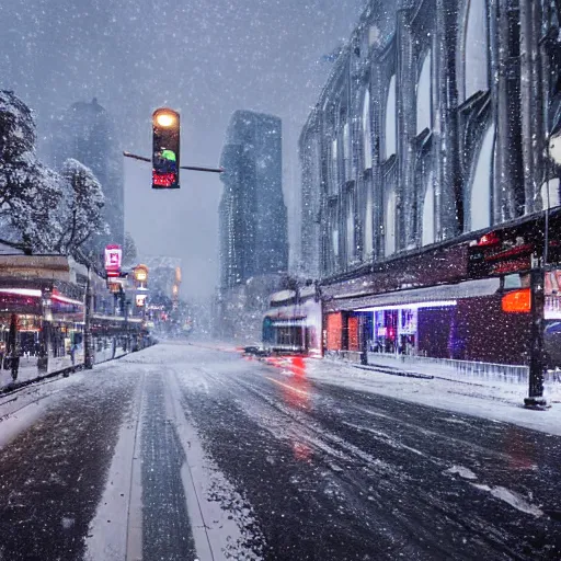 Prompt: sydney city scape, winter wonderland, snowfall, blizzard, inclement weather