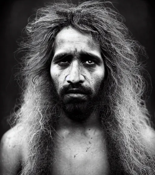 Image similar to Award winning reportage photo of Mauri Natives with incredible hair and beautiful hyper-detailed eyes wearing traditional garb by Lee Jeffries, 85mm ND 5, perfect lighting, gelatin silver process