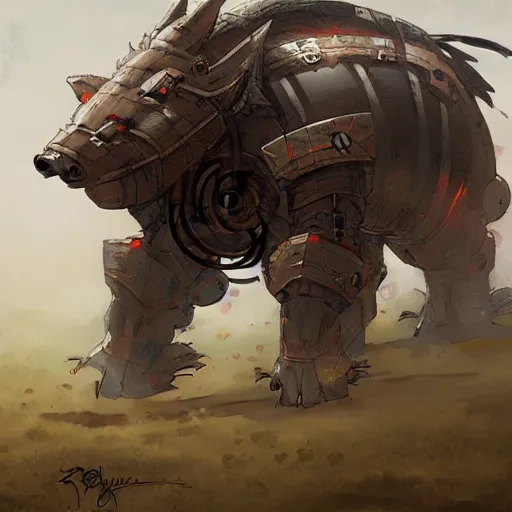 Image similar to an ashigaru mecha boar by brian froud and greg rutkowski