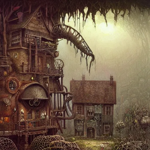 Image similar to a hyperrealistic painting of a steampunk cottage in the middle of an alien jungle, by john kenn mortensen and zdzislaw beksinski, highly detailed, vivid color,