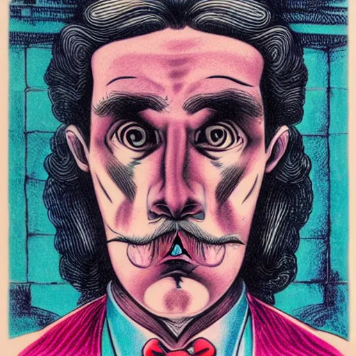 Prompt: M.C. Escher lithograph of Professor Moriarty, accurate face, correct face, symmetrical face, in the style of Lisa Frank