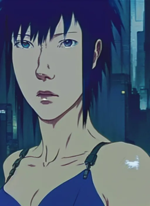 Image similar to a film still portrait of a motoko kusanagi ghost in the shell, finely detailed features, closeup at the faces, perfect art, at a cyberpunk city, gapmoe yandere grimdark, trending on pixiv fanbox, painted by greg rutkowski makoto shinkai takashi takeuchi studio ghibli, akihiko yoshida