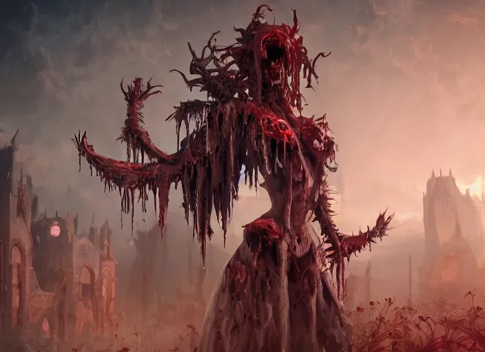 Image similar to cinematic still of a macabre necromancer casts a gruesome enchantment across a land of fertility and wealth, diminishing the land's value and robustness, trending on artstation, digital art, award winning