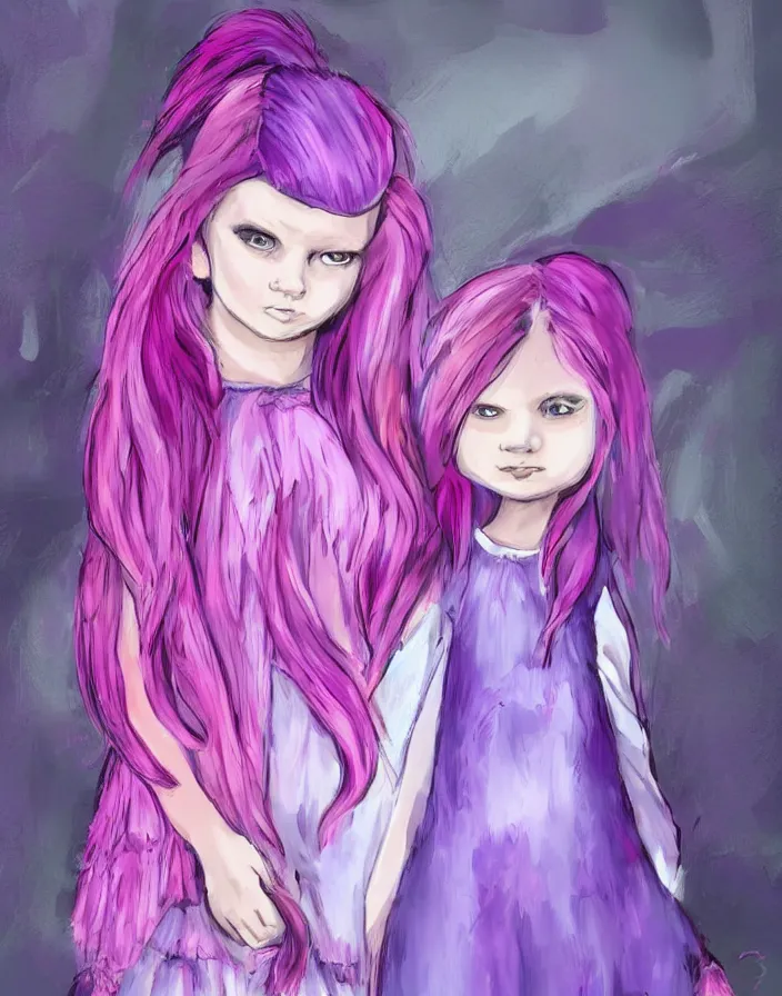 Image similar to little girl with eccentric pink hair wearing a dress made of purple feather, art by dcwj