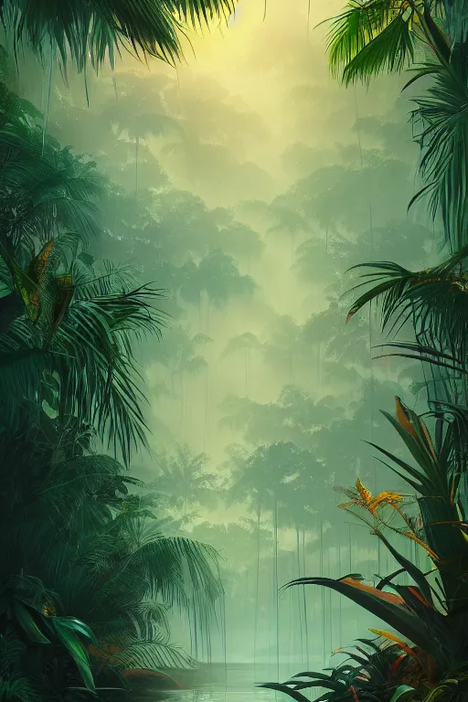 Image similar to a tropical forest near the mangrove of florida everglades, tone mapped, shiny, intricate, cinematic lighting, highly detailed, digital painting, artstation, concept art, smooth, sharp focus, illustration, malika favre