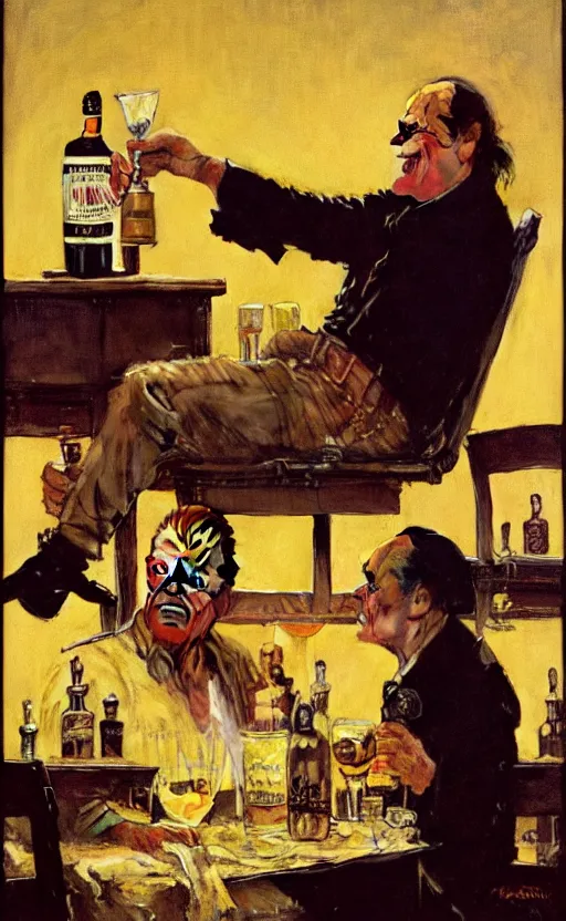 Image similar to illustration of a bottle of whiskey with jack nicholson inside, by norman rockwell, roberto ferri, daniel gerhartz, edd cartier, jack kirby, howard brown, ruan jia, tom lovell, jacob collins, dean cornwell