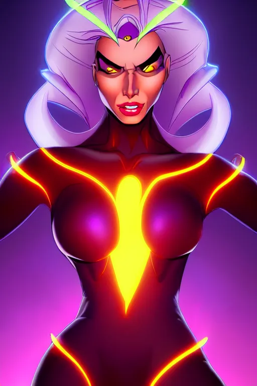 Prompt: a supervillainess with hypnotic powers, glowing energy effects, full color digital illustration in the style of don bluth, artgerm, artstation trending, 5 k