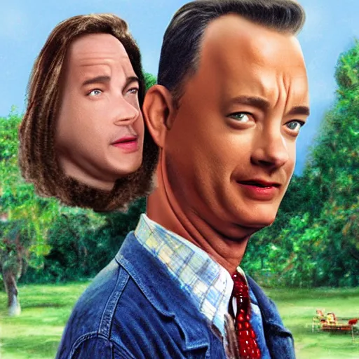 Prompt: Tom Hanks as forrest gump with giant shrimp heads instead of hands, digital art, photoreailstic, amazing detail