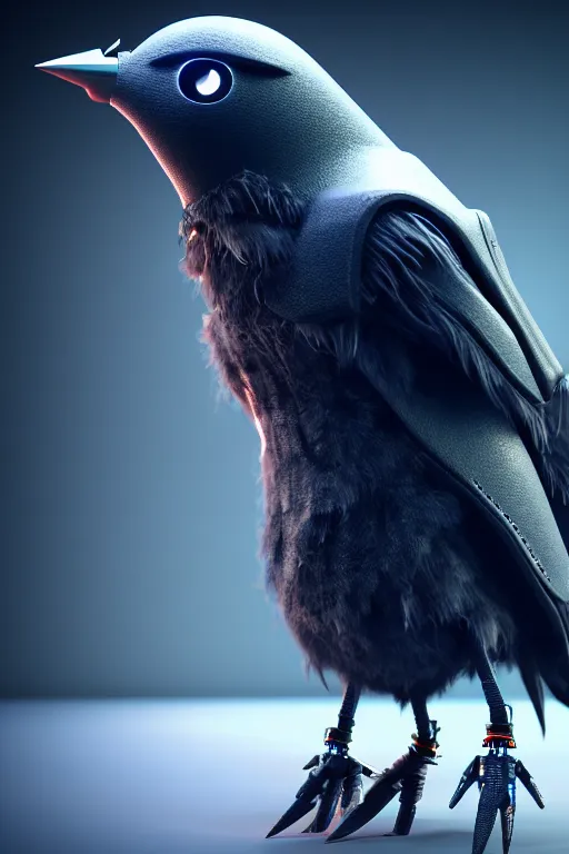 Image similar to high quality 3 d render very cute cyborg crow! incorporated speakers!, cyberpunk highly detailed, unreal engine cinematic smooth, in the style of blade runner & detective pikachu, hannah yata charlie immer, moody light, low angle, uhd 8 k, sharp focus