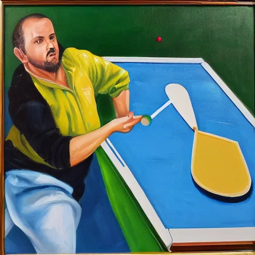 Prompt: Două pisici jucând ping-pong pe fundal portocaliu, oil painting