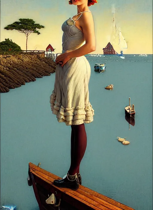 Image similar to a fancy beautiful young lady standing on a wharf at the edge of the sea by rob gonsalves and gil elvgren and harry ekman and george petty and hilo chen and norman rockwell, crisp details, hyperrealism, high detail, high contrast, low light, grey mist, cobblestones, dim lantern