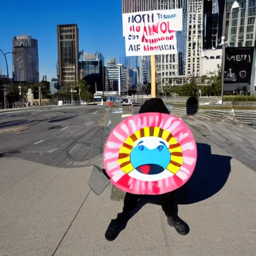 Image similar to a protest sign that says arm the homeless by takashi murakami