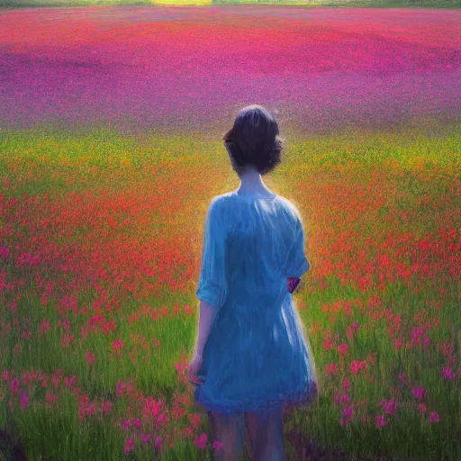 Prompt: woman standing in flower field, mattepainting, artstation, impressionism, blooming flower head