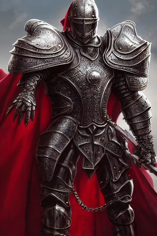 Prompt: evil ultrarealistic massive giant iron knight with red cape, large metal helm bladed iron mantle etched iron armor, bone wastes, fantasy character portrait, octane render, extreme intricate metal details, cinematic lighting, volumetric lighting, ultra wide angle, artstation, dnd art, cgsociety, sharp focus, digital painting by artgerm, gerald brom, wlop
