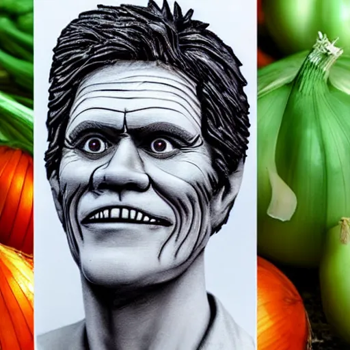 Image similar to a jack o onion with willem dafoe's face carved on it, highly detailed