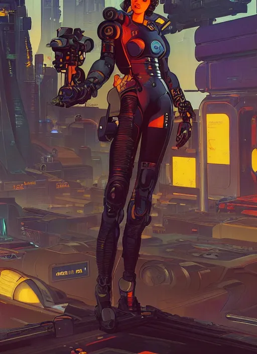 Image similar to powerful cyberpunk pilot. portrait by jean giraud and anton otto fischer and john philip falter and will eisner and gil elvgren and pixar. full body. realistic proportions. science fiction d & d. overwatch, rb 6 s, cyberpunk 2 0 7 7, blade runner 2 0 4 9 concept art. cel shading. thick lines.