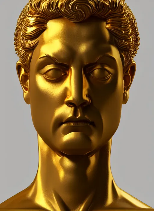Image similar to stylized gold onyx ornate statue bust made of marble of hercules, perfect symmetrical body, perfect symmetrical face, hyper realistic, hyper detailed, by johannen voss, by michelangelo, octane render, blender, 8 k, displayed in pure white studio room