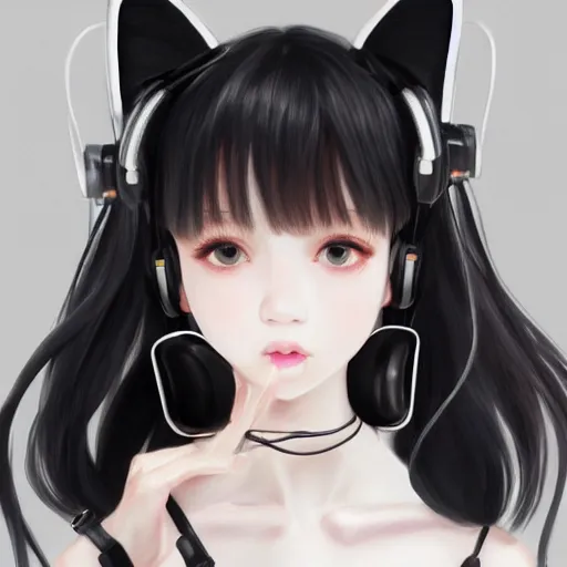 Image similar to realistic detailed semirealism beautiful gorgeous natural cute excited happy Blackpink Lalisa Manoban black hair black cat ears, wearing white camisole outfit, headphones, black leather choker artwork drawn full HD 4K high resolution quality artstyle professional artists WLOP, Aztodio, Taejune Kim, Guweiz, Pixiv, Instagram, Artstation