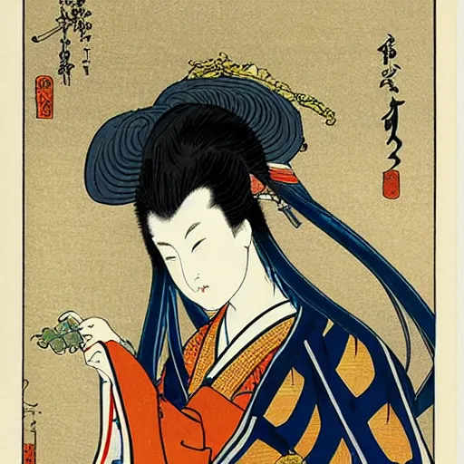Prompt: elven priestess, Ukiyo-e style by Katsushika Hokusai