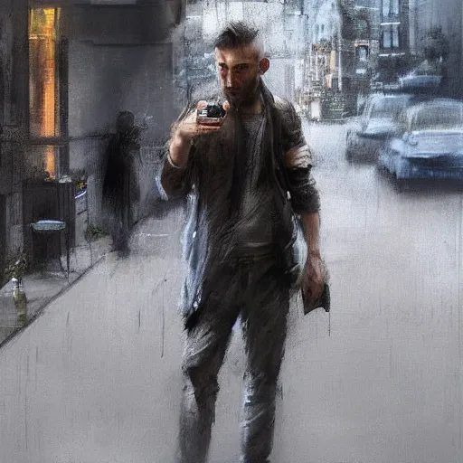 Image similar to a realistic hyperdetailed digital oil full body portrait painting of a man with a playstation 5 outside at a restaurant, beer in hand, in the style of guy denning, ruan jia, and craig mullins. trending on artstation and deviantart. cgsociety digital art.