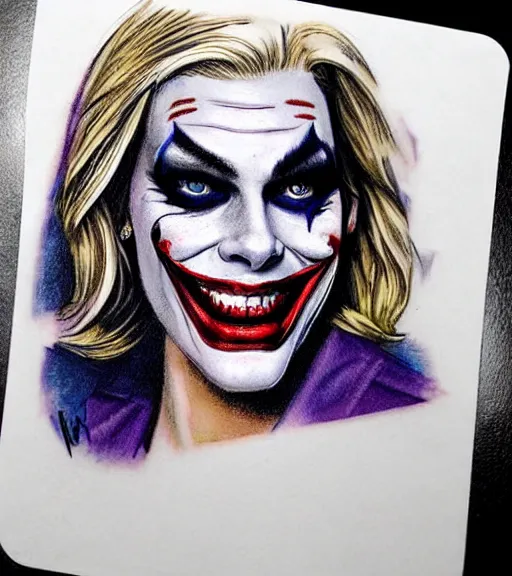 Image similar to tattoo design sketch of beautiful margot robbie wearing joker makeup and holding an ace card, in the style of den yakovlev, realistic face, black and white, realism tattoo, hyper realistic, highly detailed