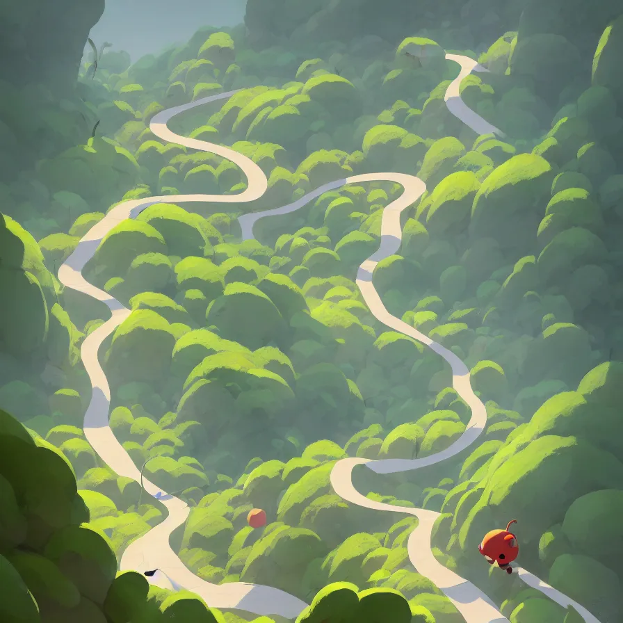 Image similar to Goro Fujita illustrating View from above of a mountain road descending in curves, art by Goro Fujita, concept art, sharp focus, ArtStation