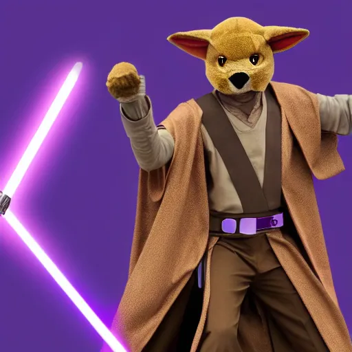 Prompt: mace windu from star wars fighting a with dressed as a furry, 4 k, hyper realistic, dslr, high resolution, landscape, beautiful