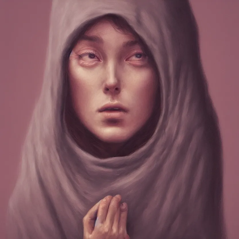 Image similar to Portrait of a young woman wearing a hooded robe, anatomically correct, perfect face, cinematic lighting, candid, intricate, elegant, highly detailed digital painting, trending on Artstation, concept art, smooth, sharp focus, illustration and art by Beksinski, by Simon Stalenhag