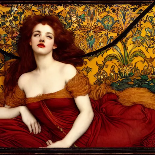 Image similar to preraphaelite photography reclining on bed, a hybrid of judy garland and a hybrid of lady gaga and katie holmes, aged 2 5, big brown fringe, wide shot, yellow ochre ornate medieval dress, john william waterhouse, kilian eng, rosetti, john everett millais, william holman hunt, william morris, 4 k