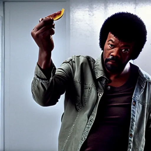 Prompt: jules winnfield pointing a banana as a weapon, pulp fiction, 8 k