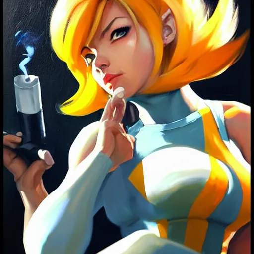 Image similar to Greg Manchess portrait painting of Samus Aran as Overwatch character smoking a cigarette, medium shot, asymmetrical, profile picture, Organic Painting, sunny day, Matte Painting, bold shapes, hard edges, street art, trending on artstation, by Huang Guangjian and Gil Elvgren and Sachin Teng