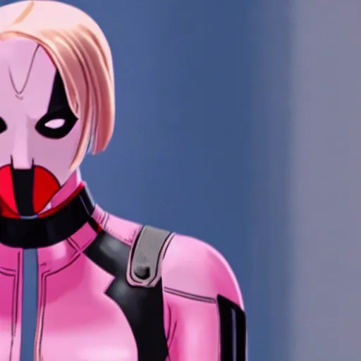 Image similar to A still of Gwenpool in Deadpool 3 (2023), blonde hair with pink highlights, no mask, white and light-pink outfit, smiling and winking at the camera