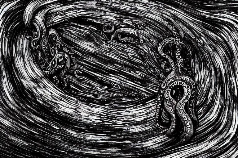 Image similar to a giant lovecraftian tentacle creature gripping a black hole, digital art, photorealistic, highly detailed, intricate