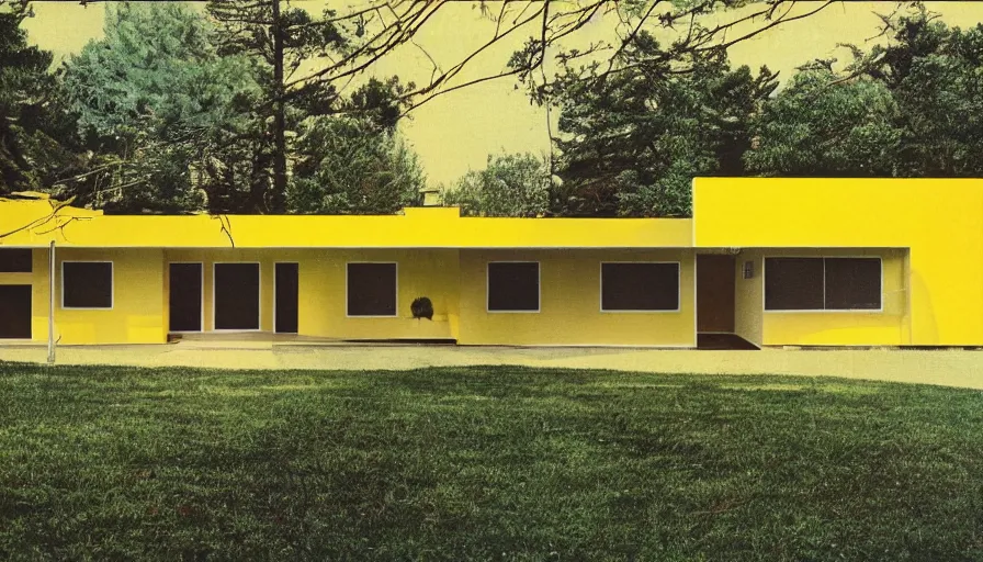 Prompt: architecture ad for a mid-century modern house designed by Charles Eames. Film grain, cinematic, colorized, yellow hue.